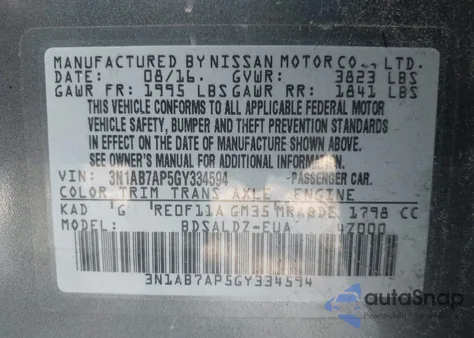 2016 Nissan Sentra Sv z USA, uszkodzony, nr VIN 3N1AB7AP5GY334594
